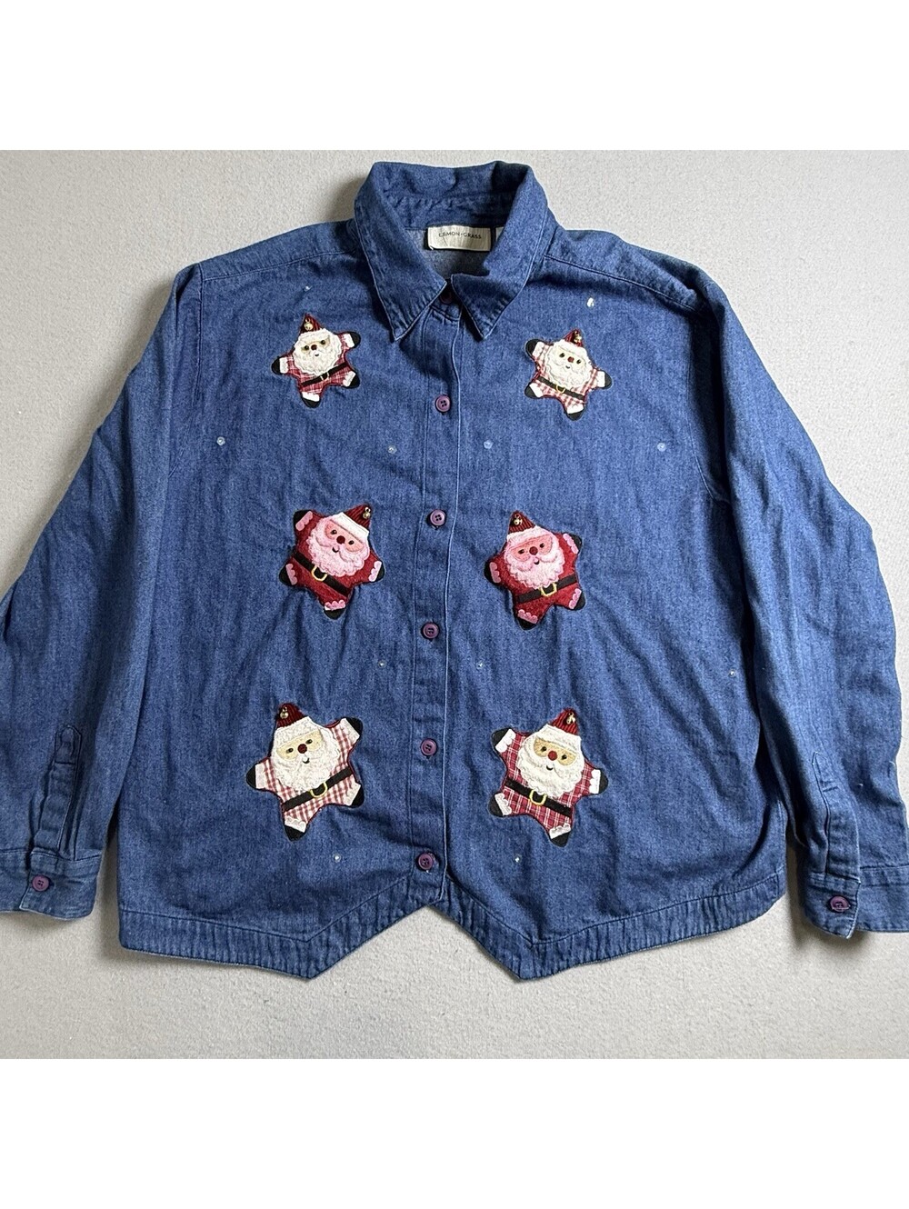Vintage Lemon Grass Santa Embroidered Christmas Denim Button Up Shirt Plus 20W